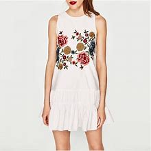 Zara Dresses | Zara Embroidered Dress With Ruffle | Color: White | Size: Xs