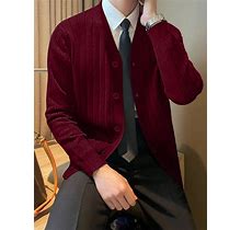 Men's Solid Color Ribbed Knitted Long Sleeve Cardigan Sweater,L
