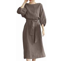 A Line Dresses For Women Ladies Mid Length High Waist Lace Up Dress Mid Sleeve Cotton Linen Round Neck Dress Swing Dress With Pockets