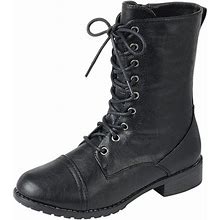 Forever Link Womens Round Toe Military Lace Up Knit Ankle Cuff Low Heel Combat Boots