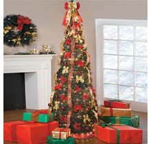 Fully Decorated Pre-Lit 7' Pop-Up Christmas Tree By Brylanehome In Red Gold