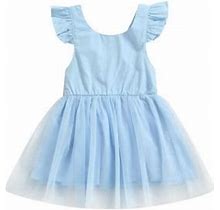 Aturustex Baby Girls Solid Color Princess Dress Summer 1-6Y Kids Round Neck Ruffles Sleeve Backless Mesh Stitching A-Line Dress