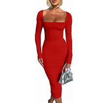 BEAGIMEG Women's Sexy Bodycon Long Sleeves Ruched Square Neck Party Club Midi Dress