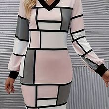 Geometric-Pattern Colorblock Bodycon, Women's Geo Print Elegant Women's Clothing Long Sleeve Bodycon Dress Must-Have,Temu