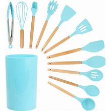 12 Piece Turquoise Silicone And Wood Cooking Utensils