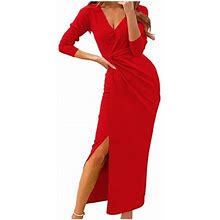 Aoochasliy Clarance Dresses For Women 2022Women Sexy Casual V-Neck Long Sleeve Solid Color High Split Sheath Ankle-Length Dress