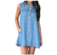 Quealent Petite Dress Sleeveless Summer Shirt Color Lapel Casual Loose Dress Women's Women's Dress Waster Dress Denim Women Dress Blue L