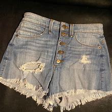 Guess Shorts | Guess Blue Denim High Waisted Shorts With Button Fly And Distressing | Color: Blue | Size: 27