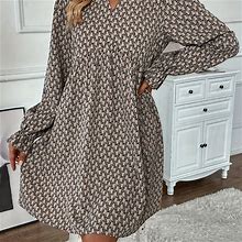Solid Color Dress, Women's Neck Dress Spring Fall Women's Clothing Elegant Long Sleeve Dress,Mixed Color,Must-Have,Temu
