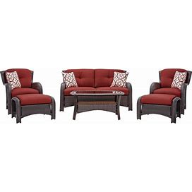 Hanover Strathmere 6-Piece Wicker Patio Conversation Set With Red Cushions | STRATHMERE6PCRED