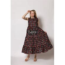 Ikat Hand Block Print Sleeveless 3 Tier Maxi Dress
