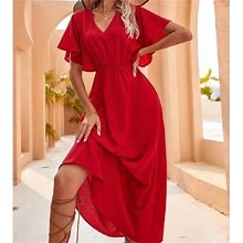 Bellanblue Dresses | Boho Red Butterfly Sleeve Solid A Line Dress Minimalist | Color: Red | Size: Various