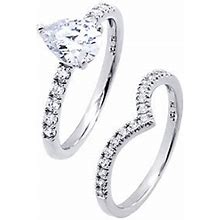 Diamonique 2.20 Cttw Pear Cut Bridal Ring Set, Sterling Silver ,Size 9
