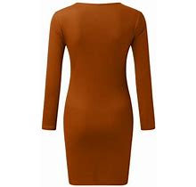 Women's V Neck Cable Knit Sweater Dress Long Sleeve Bodycon Slit Pullover Midi Dress With Belt Casual Dresses For Women Brown,L
