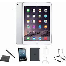 Apple Silver Refurbished iPad Air A1567 (Wifi + Cellular Unlocked) 64Gb Bundle W/ Case, Bluetooth Headset, Tempered Glass, Stylus, Charger Size 2