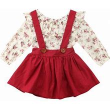 Sunisery Baby Girl Dress Set Round Neck Flower Print Blouse Adjustable Straps Skirt Suit