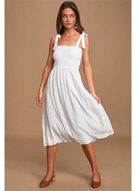 White Smocked Tie-Strap Midi Dress | Womens | Medium (Available In XL) | 100% Rayon | Lulus Exclusive | Shop Dresses By Color | Day Dresses