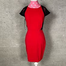 Cache Dresses | Nwt Cache Red Black Mesh Short Sleeve Zippered Midi Wiggle Sheath Dress | Color: Black/Red | Size: 0