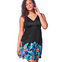Plus Size Women's Floral Border Swim Dress By Swim 365 in Black Paradise Floral (Size 24) Swimsuit