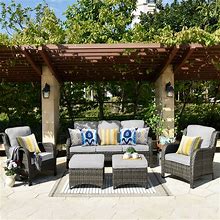 Ovios 5-Piece Wicker Patio Conversation Set With Gray Cushions | GNTC400