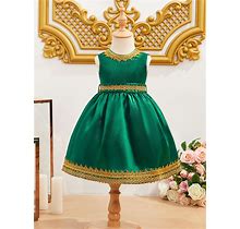 Baby Girl's Green Satin Dress With Gold Embroidered lace,9-12m