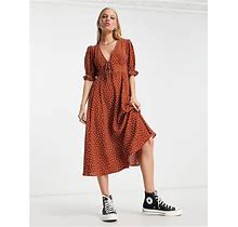ASOS DESIGN Tie Front Chuck On Midi Tea Dress In Rust And Ivory Spot-Multi - Multi (Size: 0)