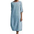 Summer Womens Half Sleeve Cotton Linen Baggy Shirt Dress Midi Dress