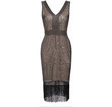 Tea Length Sequin Dress With Frills | Color: Black/Cream | Size: 8