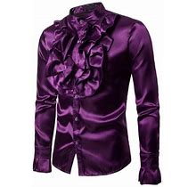 Centuryx Men Satin Ruffle Shirts Long Sleeve Stand Collar Solid Color Slim Fit Dress Shirt Party Clothes Purple XL