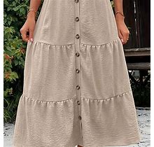 Plus Size Solid Color Maxi Skirt, Long Skirt, Women's Casual Button High Rise Smock,Skin Tone,Handpicked,By Temu