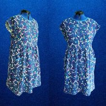 Blue Paisley Dress- AU Size 20/US 16, Womens Gathered Smock Dress With Pockets, Relaxed Fit Vintage Fabric Dress, Plus Size Clothing