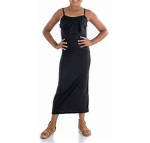 24Seven Comfort Apparel Girls Ruffle Spaghetti Strap Maxi Dress, Black, X-Large