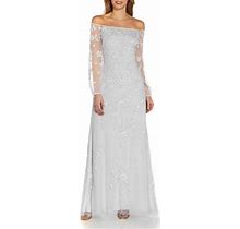 Adrianna Papell Off The Shoulder Long Sleeves Back Zipper Long Beaded Dress-IVORY Biscotti / 8