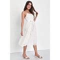 White Eyelet Lace Tiered Tie-Front Midi Dress | Womens | X-Small (Available In M) | 100% Cotton | Lulus