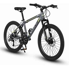 24 in. Mountain Bike, Steel Frame, Shimano 21 Speed Mountain Bicycle With Daul Disc Brakes And Front Suspension In Gray