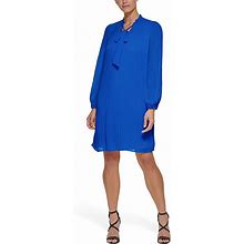 DKNY Long Sleeve Pleated Shift Dress With Neck Tie Women's Clothing Cosmic Blue : 6
