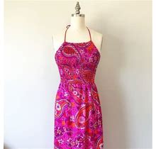 Hawaiian Paisley Handmade Dress / Long Boho Vintage 70S Summer Dress / Paisley Patterned Vacation Dress / Pink Vintage Day Dress