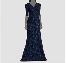 $900 Rickie Freeman By Teri Jon Women's Blue V-Neck Jacquard Gown Dress Size 2