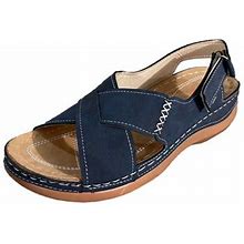 Qiaocaity Womens Sandals Plus Size Shoes Summer Casual Sandals Wide Strip Back Empty Paste Wedge Sandals Blue Size 7
