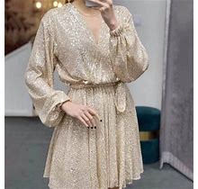 Levmjia Summer Dresses Elegant For Ladies Petite Womens Summer Casual Beach Long Sleeve Sequins Dress V-Neck Sexy Dress