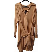 Eloquii Womens Dress Camel Brown Stretch Tie Front Long Sleeve