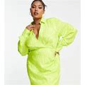 ASOS DESIGN Curve Collared Blouson Shoulder Pad Mini Dress In Bright Lime-Green - Green (Size: 18)