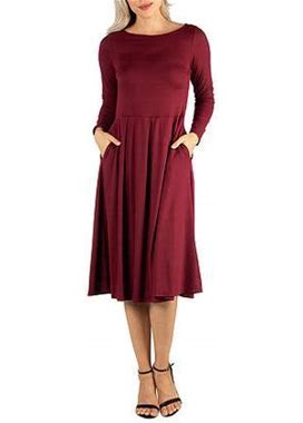 24/7 Comfort Apparel Midi Length Fit And Flare Pocket Dress | Red | Womens Medium | Dresses Fit + Flare Dresses