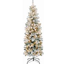 Best Choice Products 7.5ft Pre-Lit Artificial Snow Flocked Pencil Christmas Tree Holiday Decoration W/ 350 Clear Lights