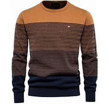 Fauean Mens Sweater Slim Crew Neck Striped Color Block Tops Versatile Fashion Clothing Orange Size L