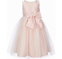 Sweet Kids Little Girls 2-6 Sleeveless Dull Satin Pearl Trim Bow Detail Tulle Tea Dress, , Petal Pink3