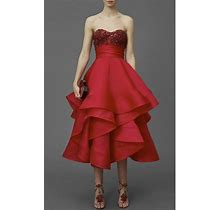 $3995 Marchesa Beaded Jeweled Strapless Tea-Length Ruby Red Gown Dress