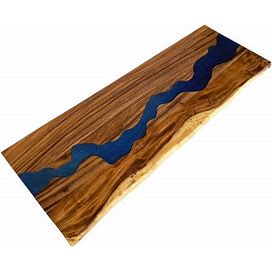 8 ft. L X 25 in. D UV Finished Saman Solid Wood Butcher Block Countertop With Live Edge And Blue Epoxy River