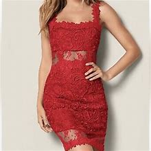Venus Dresses | Venus Red Lace Sheer Criss Cross Straps Back Dress Mesh Waist Floral Lace Sz 10 | Color: Red | Size: 10