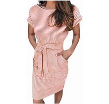 Dresses For Women 2023 Summer Striped Short Sleeve T-Shirt Dress Casual Tie Waist With Pockets